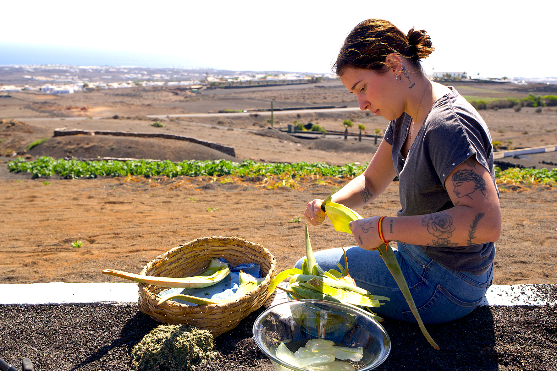 Zu Tisch auf Lanzarote, Protagonistin schneidet Aloe Vera